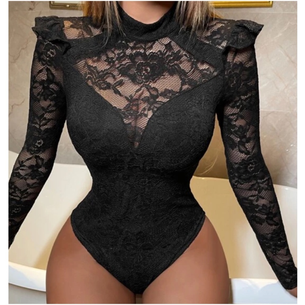 Floral Sheer Lace Mock Neck Sweetheart neck Bodysuit - Picture 1 of 4